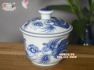 Bát nắp men lam cổ vẽ Phượng đường kính 12cm