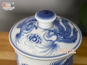 Bát nắp men lam cổ vẽ Phượng đường kính 12cm