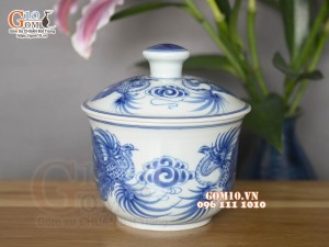 Bát nắp men lam cổ vẽ Phượng đường kính 12cm