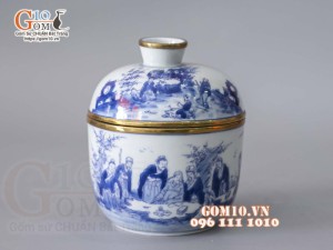 Bát nắp men lam cổ vẽ trúc lâm thất hiền bọc đồng, đường kính 11cm