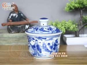 Bát nắp men lam vẽ Tam Đa Phúc Lộc Thọ, đường kính 12cm