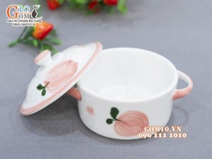 Bát nắp men trắng vẽ đào chỉ hồng, đường kính 10cm