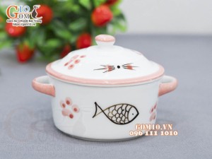 Bát nắp men trắng vẽ mèo chỉ hồng, đường kính 10cm