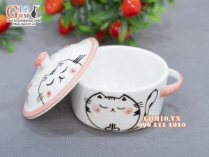 Bát nắp men trắng vẽ mèo chỉ hồng, đường kính 10cm