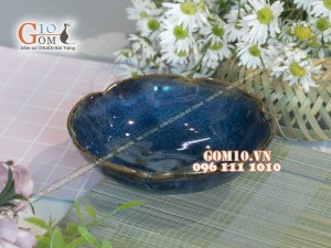 Bát salat viền hoa men hỏa biến xanh đá, đường kính 18cm