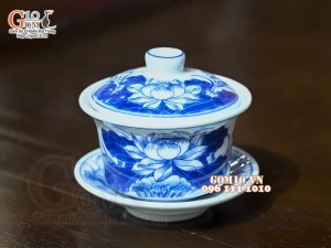 Bát sâm men lam cổ vẽ Sen Cát Tường, đường kính 9cm