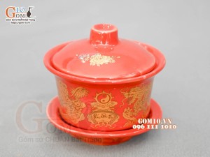 Bát trà sâm  họa tiết Rồng Phúc - Lộc - Thọ vàng kim men đỏ S3