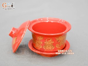 Bát trà sâm  họa tiết Rồng Phúc - Lộc - Thọ vàng kim men đỏ S3