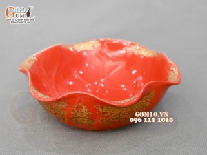 Bát thả hoa họa tiết Rồng Phúc - Lộc - Thọ vàng kim men đỏ, đường kính 16,5cm