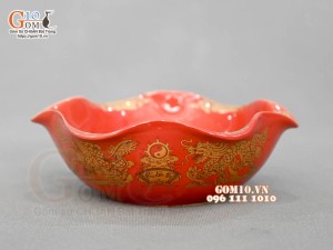 Bát thả hoa họa tiết Rồng Phúc - Lộc - Thọ vàng kim men đỏ, đường kính 16,5cm