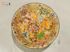 Bát thả hoa men loang vàng đắp nổi Cửu Ngư vẽ vàng 24k, đường kính 28cm