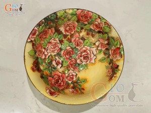 Bát thả hoa men loang vàng đắp nổi hoa Hồng vẽ vàng 24k, đường kính 28cm