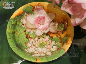 Bát thả hoa men loang vàng đắp nổi hoa Sen vẽ vàng 24k, đường kính 28cm