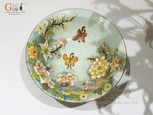 Bát thả hoa men loang xanh đắp nổi Tài Lộc vẽ vàng 24k, đường kính 28cm