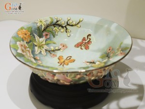 Bát thả hoa men loang xanh đắp nổi Tài Lộc vẽ vàng 24k, đường kính 28cm