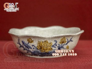 Bát thả hoa men rạn đắp nổi Sen Cát Tường, đường kính 24cm