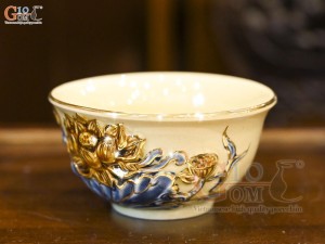 Bát thờ men hoàng tộc đắp nổi Sen Cát Tường, vẽ vàng 24k