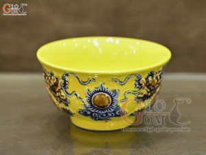 Bát thờ men màu đắp nổi Rồng Như Ý nền vàng