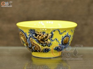 Bát thờ men màu đắp nổi Rồng Như Ý nền vàng