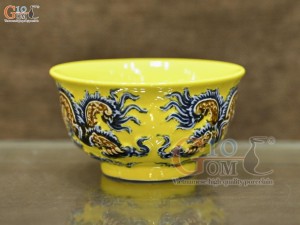 Bát thờ men màu đắp nổi Rồng Như Ý nền vàng