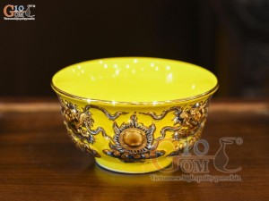 Bát thờ men màu đắp nổi Rồng Như Ý nền vàng, vẽ vàng 24k