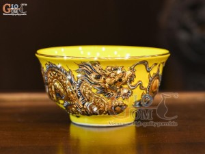 Bát thờ men màu đắp nổi Rồng Như Ý nền vàng, vẽ vàng 24k