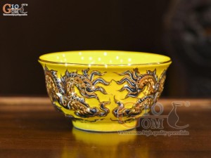 Bát thờ men màu đắp nổi Rồng Như Ý nền vàng, vẽ vàng 24k