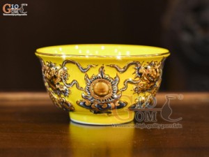 Bát thờ men màu đắp nổi Rồng Như Ý nền vàng, vẽ vàng 24k