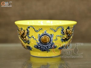 Bát thờ men màu đắp nổi Rồng Như Ý nền vàng