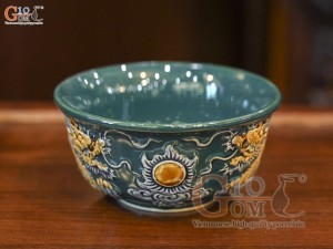 Bát thờ men màu đắp nổi Rồng Như Ý nền xanh lục bảo