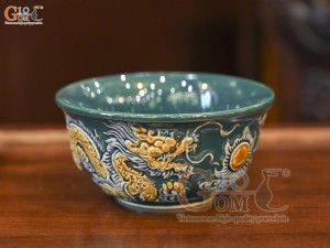 Bát thờ men màu đắp nổi Rồng Như Ý nền xanh lục bảo