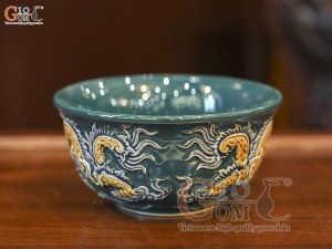 Bát thờ men màu đắp nổi Rồng Như Ý nền xanh lục bảo