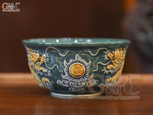 Bát thờ men màu đắp nổi Rồng Như Ý nền xanh lục bảo