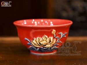 Bát thờ men màu đắp nổi Sen Cát Tường nền đỏ