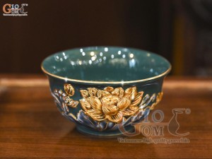 Bát thờ men màu đắp nổi Sen Cát Tường nền xanh lục bảo, vẽ vàng 24k