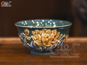 Bát thờ men màu đắp nổi Sen Cát Tường nền xanh lục bảo, vẽ vàng 24k