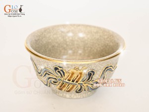 Bát thờ men rạn đắp nổi cuốn thư vẽ vàng 24k