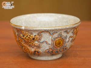 Bát thờ men rạn đắp nổi Rồng Như Ý vẽ vàng 24k