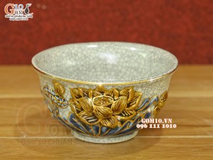 Bát thờ men rạn đắp nổi Sen Cát Tường, vẽ vàng 24k
