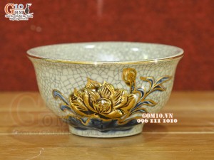 Bát thờ men rạn đắp nổi Sen Cát Tường, vẽ vàng 24k