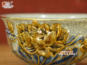 Bát thờ men rạn đắp nổi Sen Cát Tường, vẽ vàng 24k