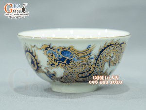 Bát thờ men lam cổ họa tiết rồng rồng, vẽ vàng 24k