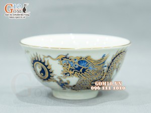 Bát thờ men lam cổ họa tiết rồng rồng, vẽ vàng 24k
