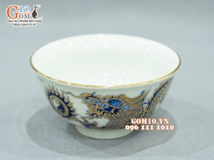 Bát thờ men lam cổ họa tiết rồng rồng, vẽ vàng 24k