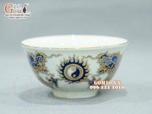 Bát thờ men lam cổ họa tiết rồng rồng, vẽ vàng 24k