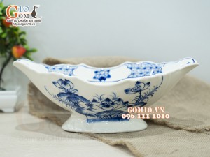 Bát thuyền sâu men cổ vẽ hoa Sen xanh, 31x18cm