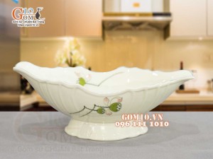 Bát thuyền sâu men kem vẽ hoa Đài Sen, 30x17cm