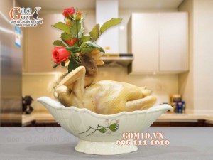 Bát thuyền sâu men kem vẽ hoa Đài Sen, 30x17cm