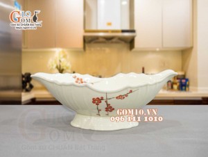 Bát thuyền sâu men kem vẽ hoa Đào Đò, 30x17cm