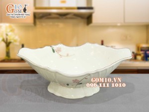 Bát thuyền sâu men kem vẽ hoa Đào Phai, 30x17cm